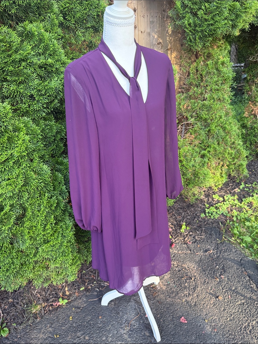 Anne Klein Plum Tie-Neck Long Sleeve Dress
